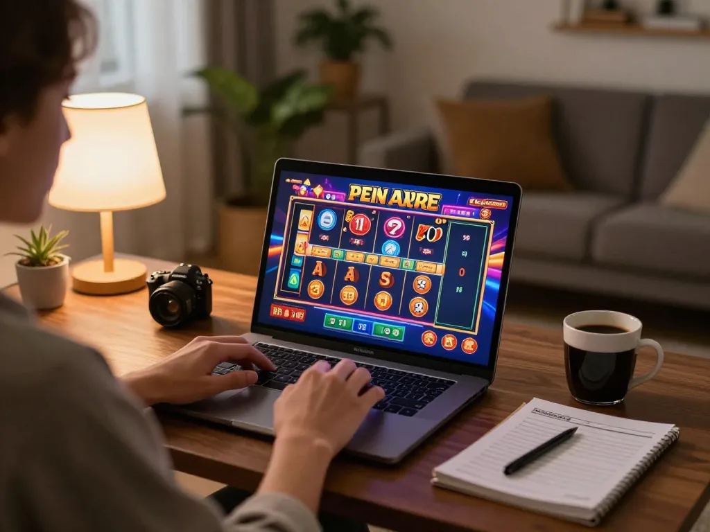 Kuwin1 online gaming scene featuring a player engaged with a gaming laptop and strategy notes