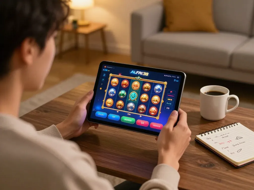 Engaging with ALFA138 online platform for vibrant slot games in a cozy home setting.