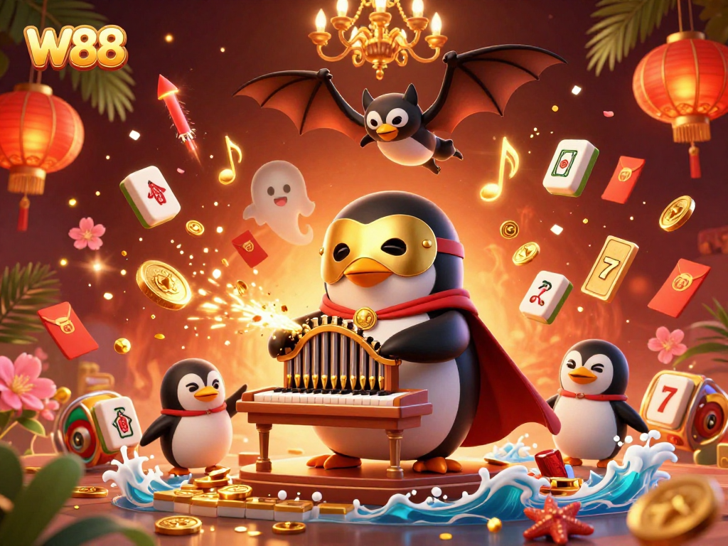 Spin the reels at W88 with a vibrant 3D casino illustration depicting a magical penguin, exciting game elements, and festive decorations.