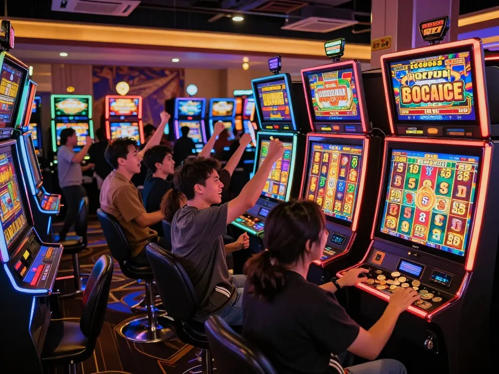 Players celebrating wins on slot gacor machines in a lively casino environment.