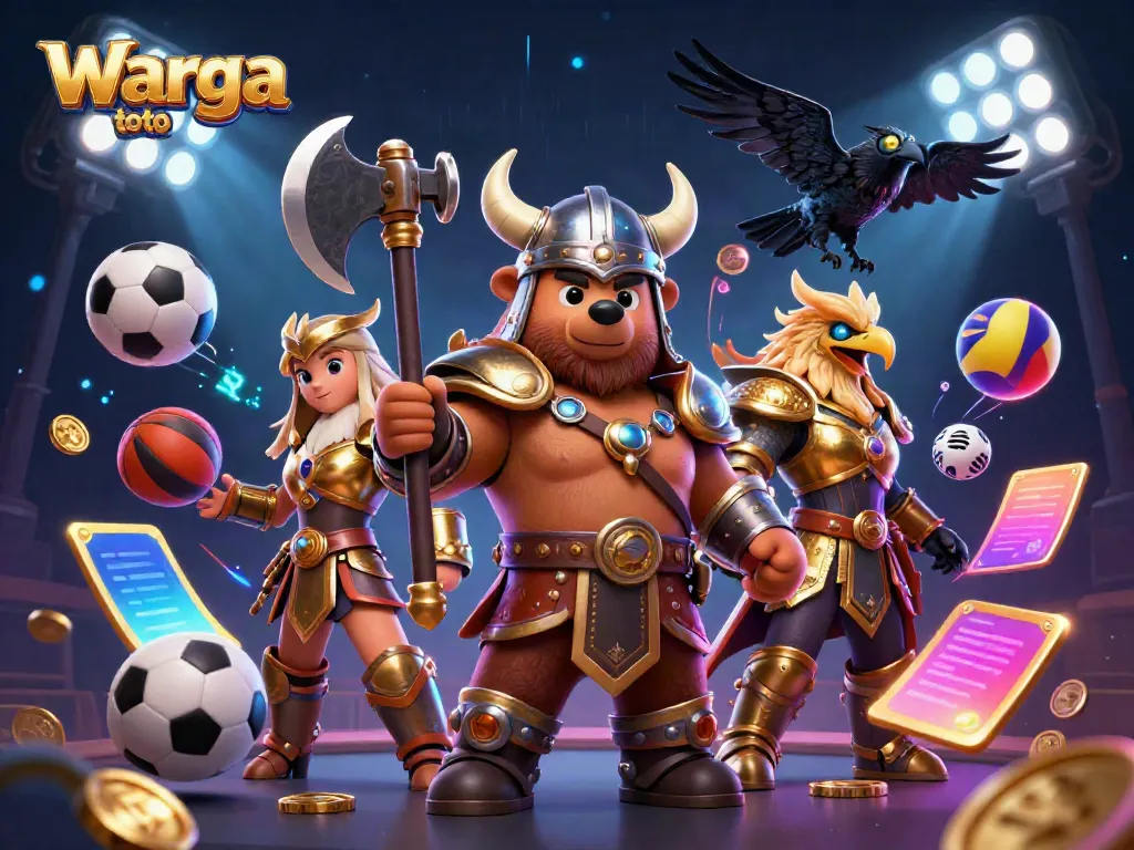 Warga toto menghadirkan elemen perjudian yang dinamis dengan karakter Viking dan bola olahraga.