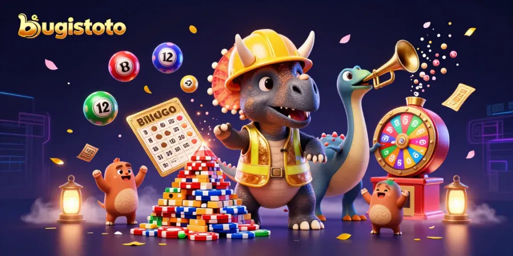 Engage with bugistoto's thrilling casino experience as a cartoon triceratops builds poker chip pyramids amidst lottery balls and golden tickets.