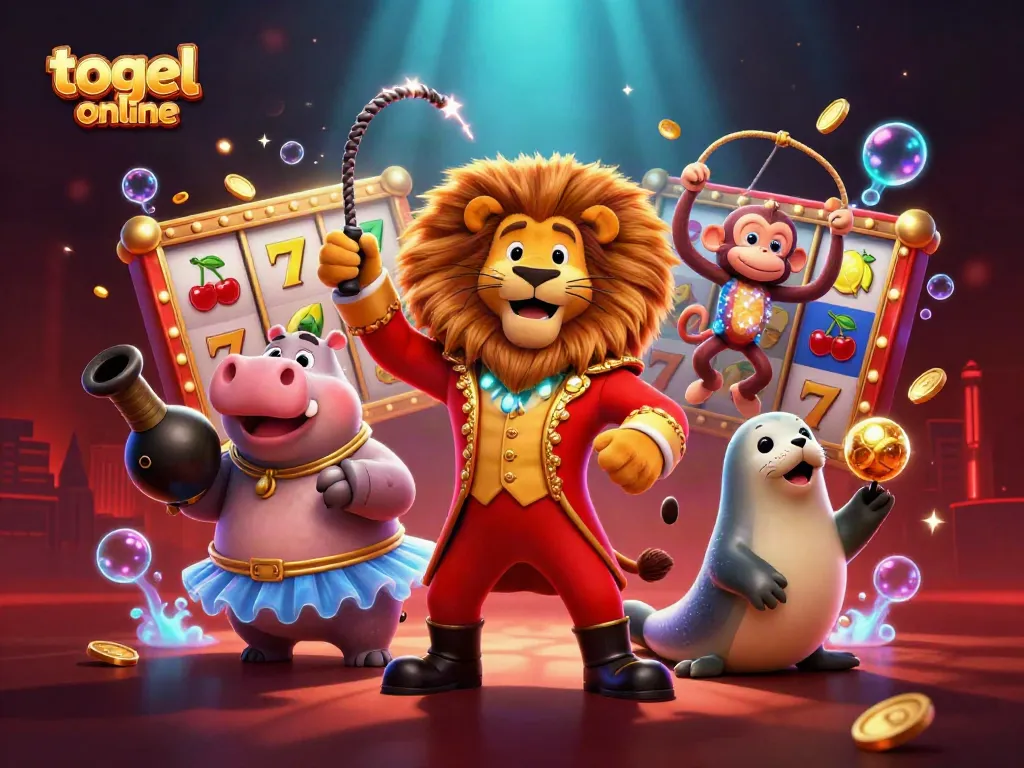 Permainan togel online seru dengan karakter singa, hippo, monyet, dan anjing laut di kasino virtual.