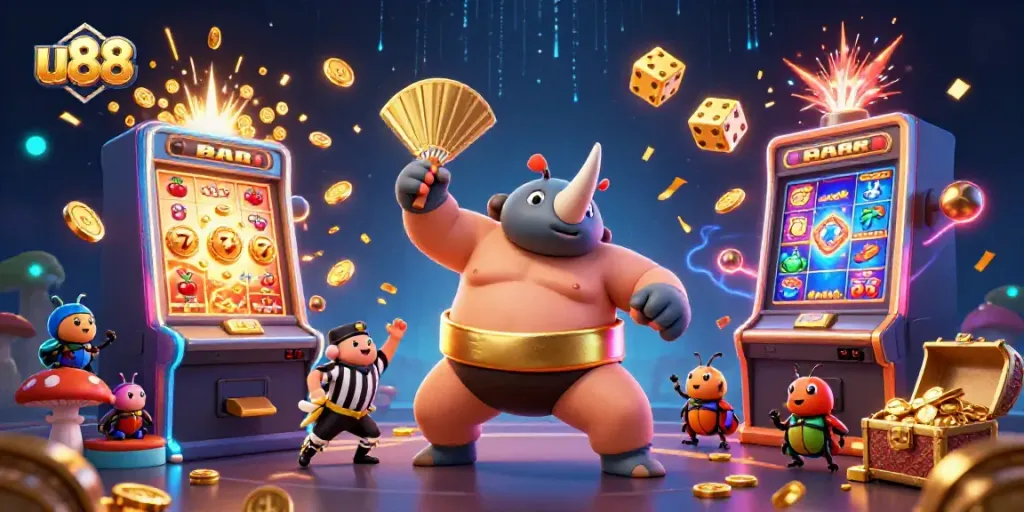 u88 slot game illustrated with a rhinoceros beetle champion stomping, prizing coins and jackpots