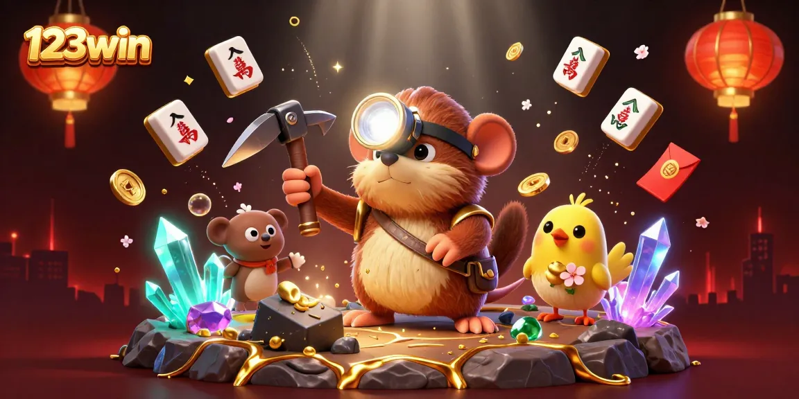 Experience the thrill of 123win with a vibrant treasure hunt scene packed with glowing treasures and gaming elements.
