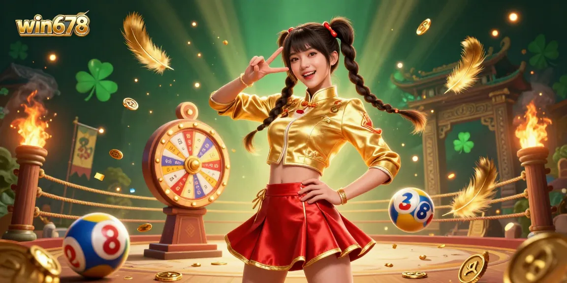 Win678 offers vibrant lottery games with colorful balls and a spinning prize wheel in a lively casino atmosphere.