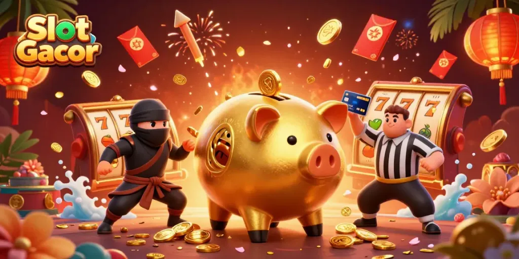 Slot Gacor: Ilustrasi kasino digital 3D menampilkan pemenang dengan koin mengalir.