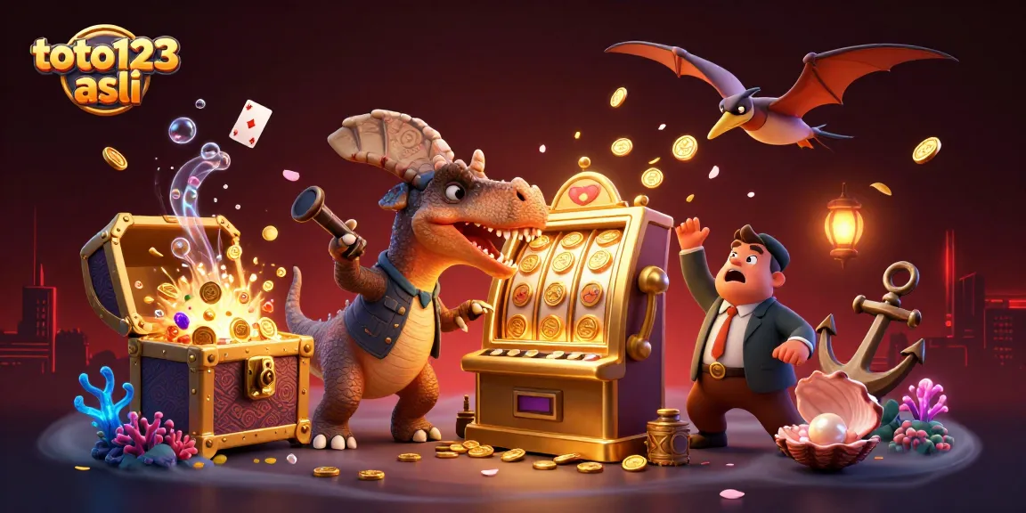Experience thrilling jackpots with toto123 asli as cartoon dinosaurs interact in a vibrant casino scene.