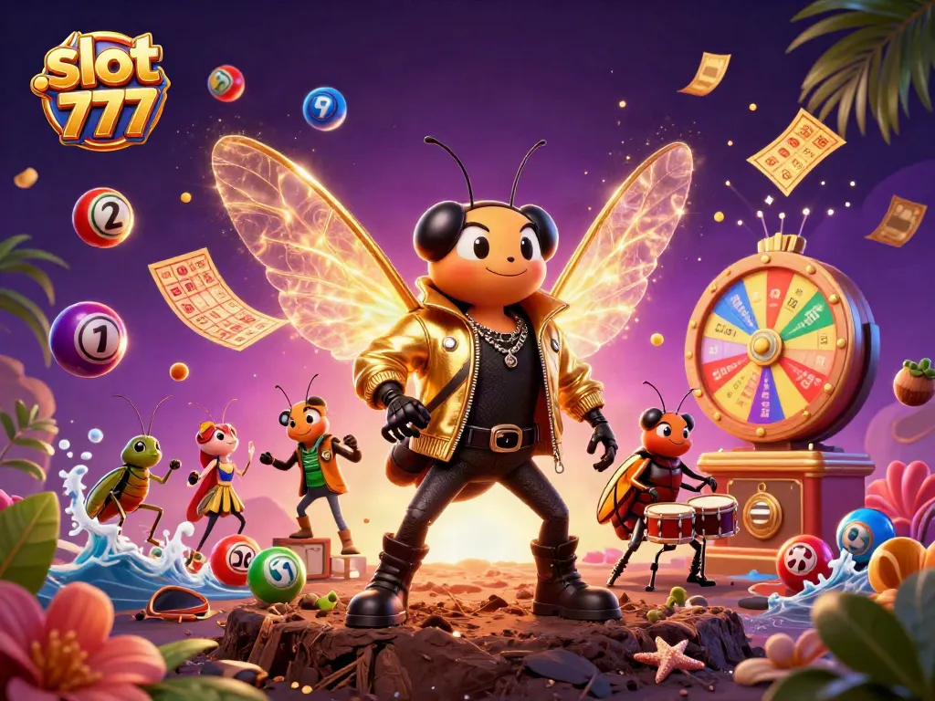 Mainkan slot 777 dengan karakter kartun 3D yang meriah dan elemen kasino penuh warna.