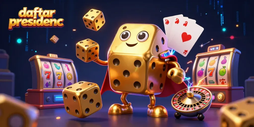 Experience the excitement of daftar presidencc with a dynamic 3D casino scene featuring a golden dice golem.