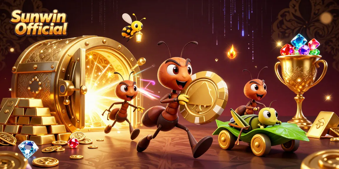 Sunwin Official presents immersive gaming experiences with 3D ants capturing golden poker chips in a dynamic casino heist scene.