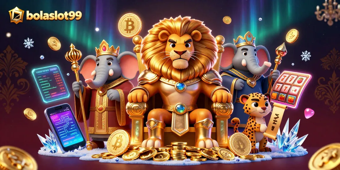 Engage with bolaslot99's vibrant casino scene featuring slot reels, a lion king, and cryptocurrency elements.