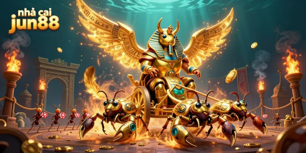 Experience the vibrant action at nhà cái jun88 with a golden scarab beetle leading a thrilling gaming journey