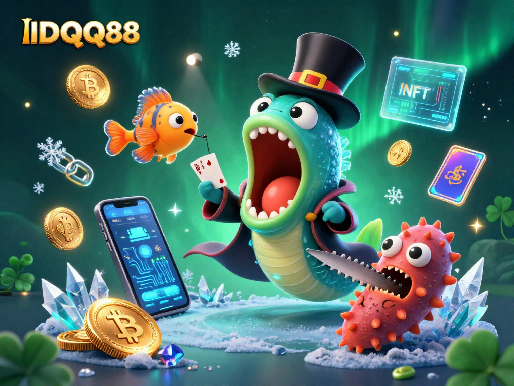 Engage with the magical world of IDQQ88 as a bioluminescent eel performs card tricks amidst neon crypto elements.
