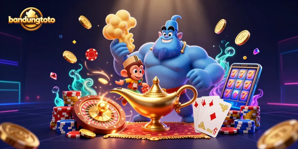 Experience the thrill of bandungtoto with a vibrant casino illustration featuring a genie, gold coins, and poker chips!