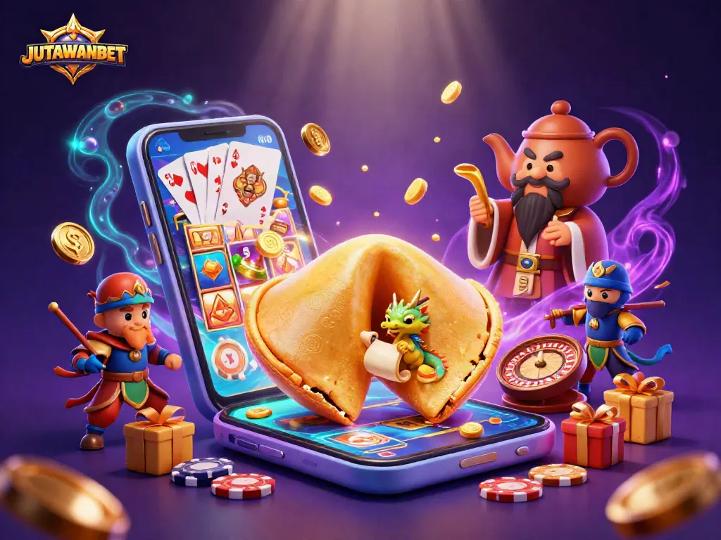 Experience the excitement of JUTAWANBET with a dynamic 3D casino scene of fortune and fortune cookie guardians.