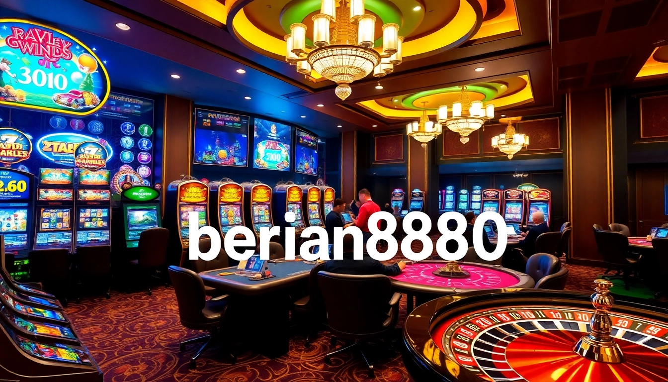Berlian888 gamers immersing in the excitement of vibrant slot machines and poker tables.