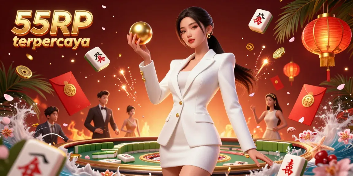 Terlibatlah dengan dunia mewah 55RP terpercaya, menampilkan elemen kasino yang mencolok di sekitar seorang wanita Asia yang percaya diri memegang bola roulette.