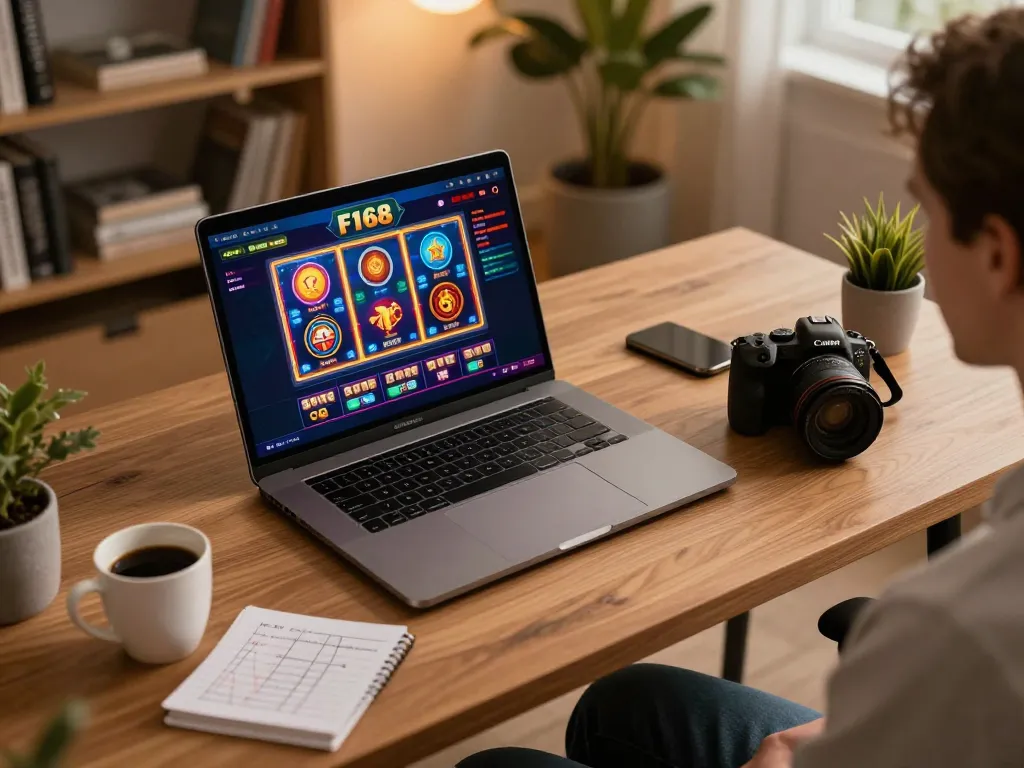 F168 online casino gaming setup showcasing vibrant slot games on a laptop in a cozy office.
