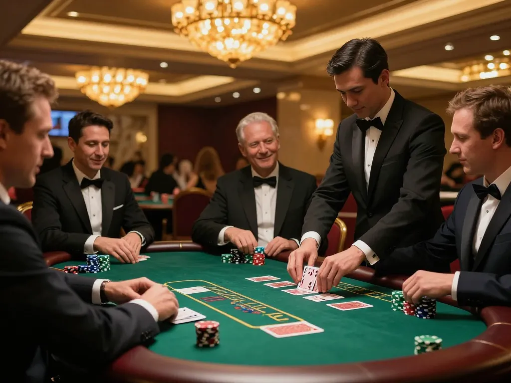 Players strategizing at the blackjack table in an upscale casino environment on 98win trang chủ.