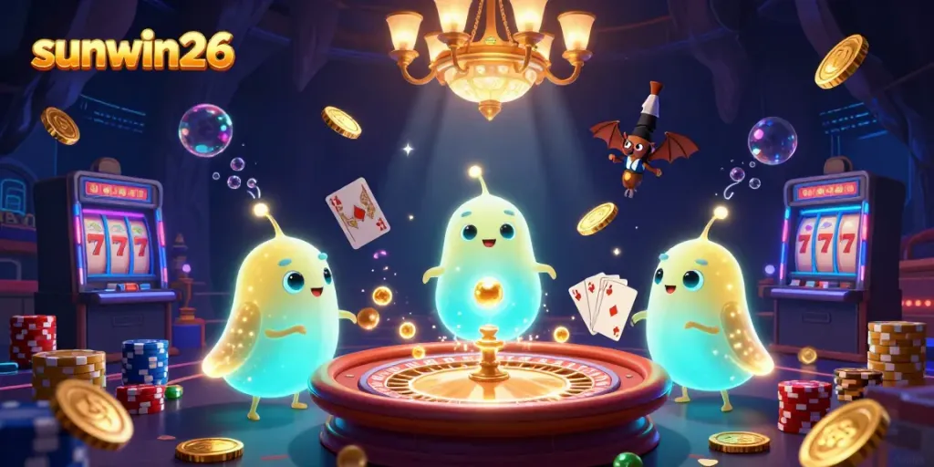 Experience excitement at sunwin26 with vibrant casino characters and golden gems illuminating the scene.