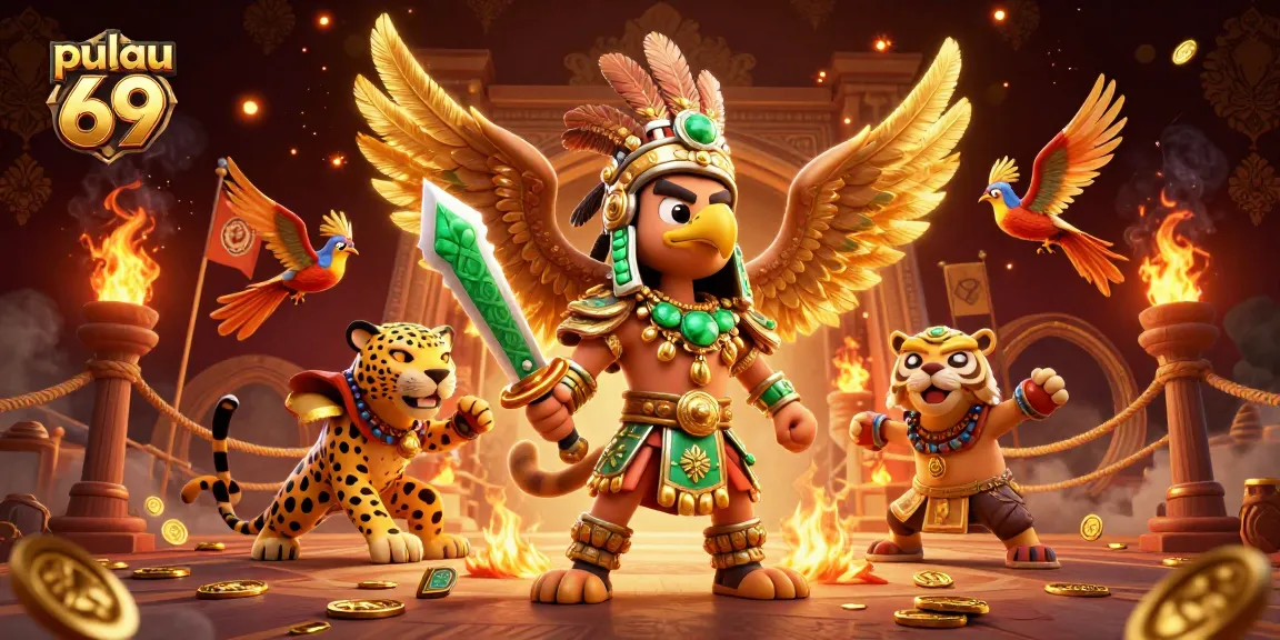 Engage in thrilling action with pulau 69 as Aztec warriors battle amidst golden coins and energetic flames.
