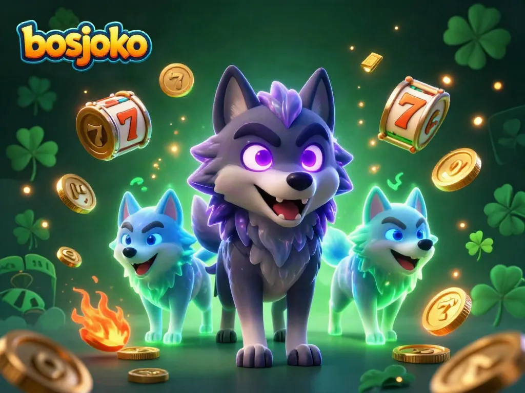Join the bosjoko gaming adventure with vibrant 3D wolves and lively slot elements.