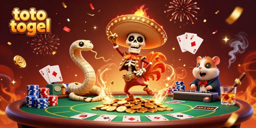 Experience thrilling toto togel action in a vibrant scene with animated characters celebrating on a poker table.