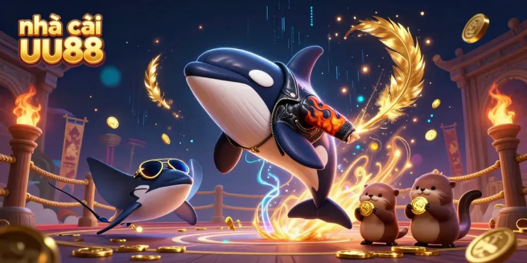 Engage in gaming excitement at nhà cái uu88, featuring vibrant, playful characters and gambling elements.