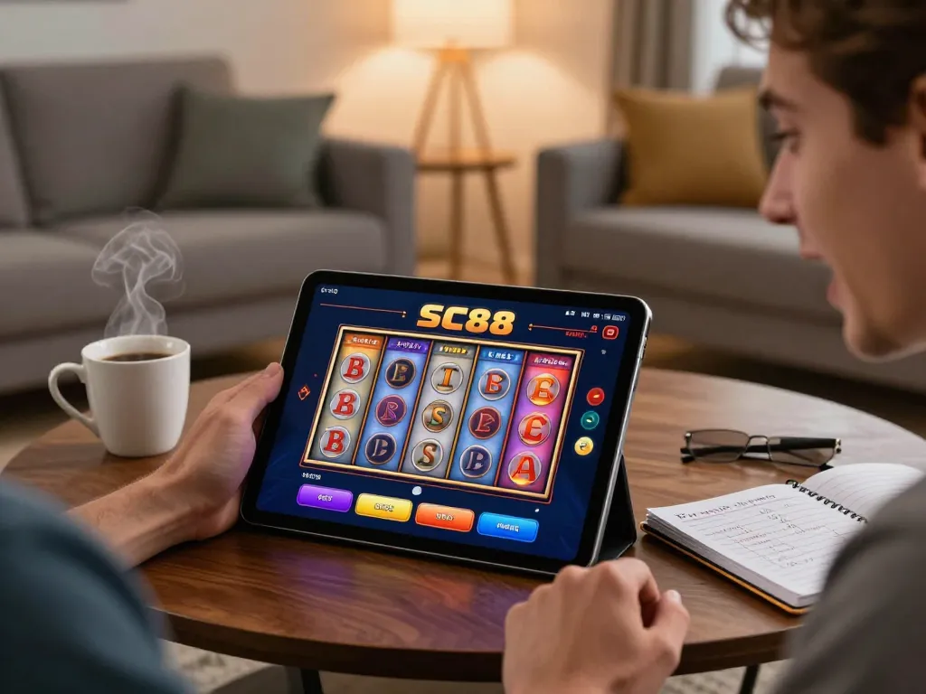 Player using the SC88 app for online casino gaming, showcasing excitement and strategic engagement.