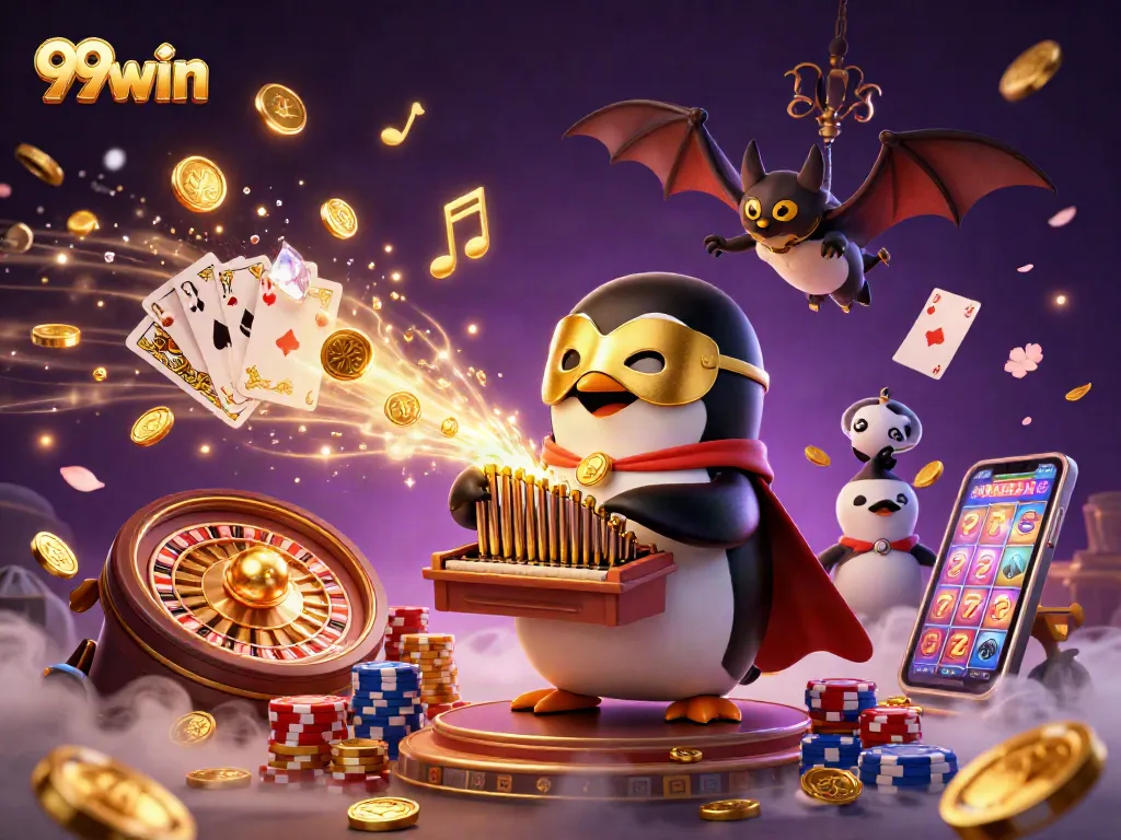 Experience the excitement of 99win with a playful penguin and dazzling casino elements.