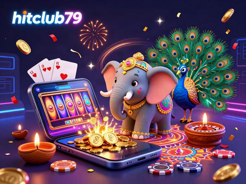 Join the excitement at hitclub79 with a vibrant, celebratory 3D casino scene featuring dynamic game elements.