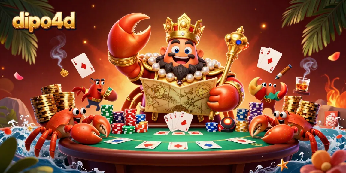 Experience fun in dipo4d with a vibrant 3D scene featuring a golden crab emperor and casino excitement.
