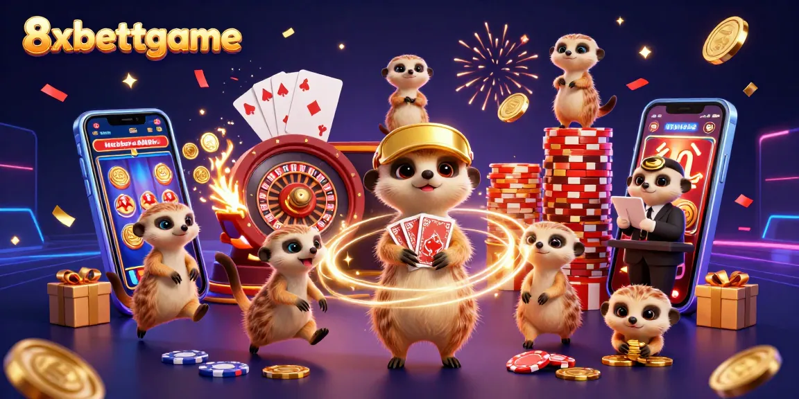 Experience 8xbettgame excitement as playful meerkats manage a vibrant casino atmosphere.