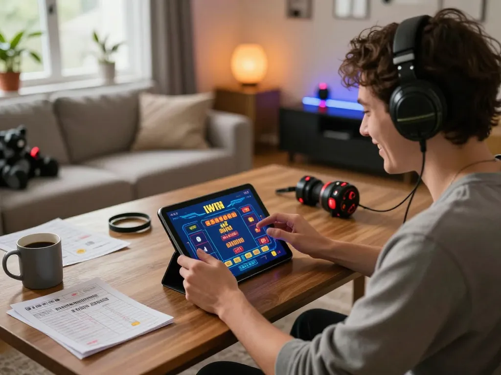 Engaging gameplay on IWIN app at home with a cozy setup and ambient lighting.