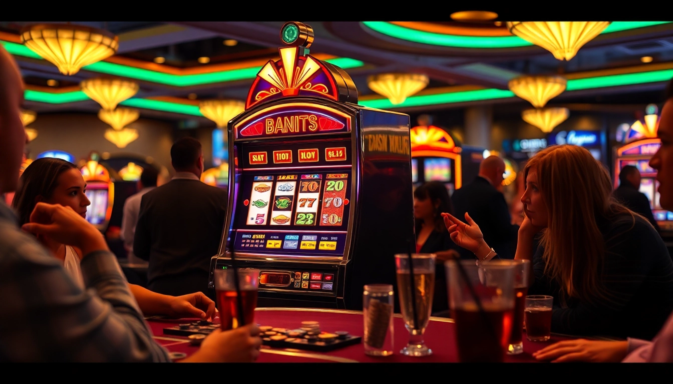 Masuk ke emasputihtoto login dengan slot machine berwarna-warni di kasino mewah.