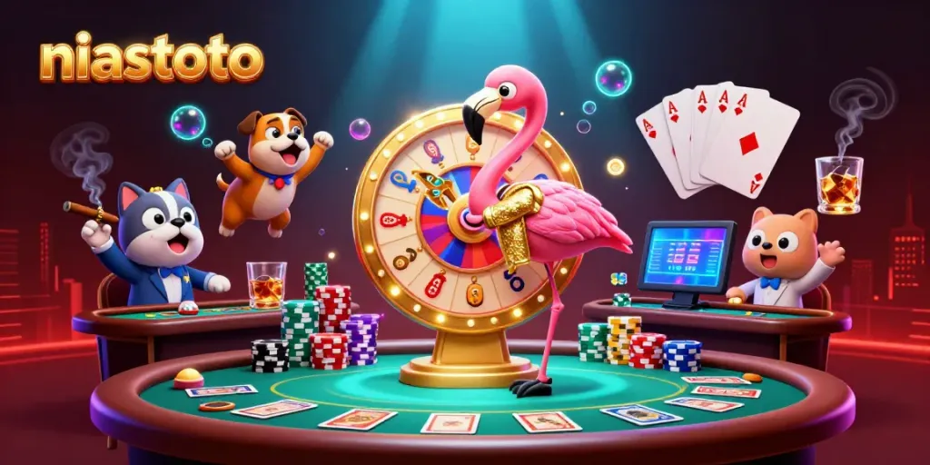 Gambarkan pengalaman niastoto dengan karakter flamingo dan bulldog di kasino.