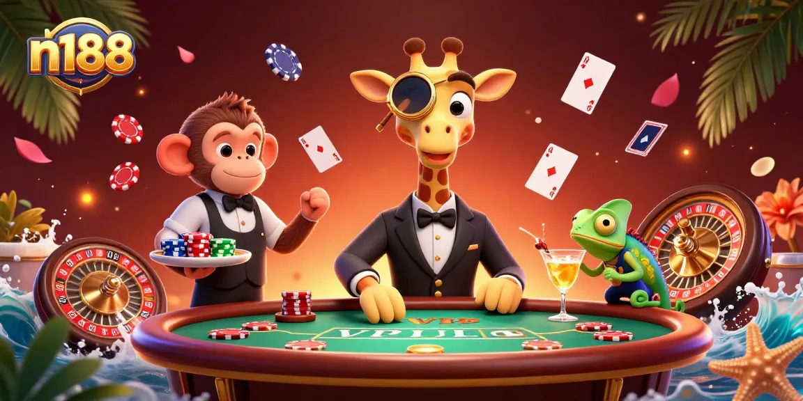Experience thrilling n188 casino action with a giraffe, monkey, and chameleon at a poker table.