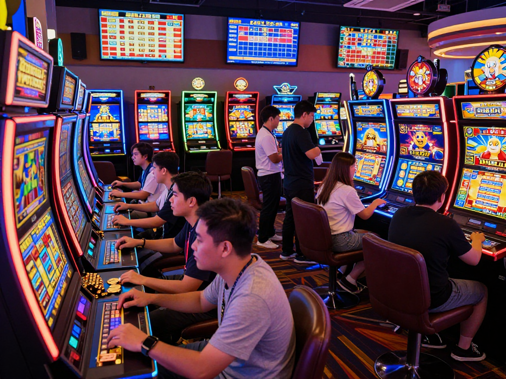 Pengalaman bermain slot Thailand yang berwarna-warni di kasino dengan pemain yang antusias.