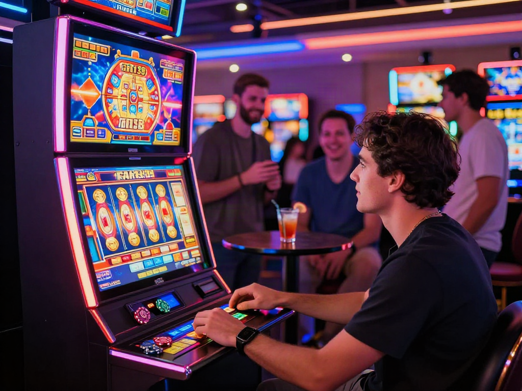 Engaging player at bro138 slot machine in vibrant casino environment, showcasing excitement and fun.