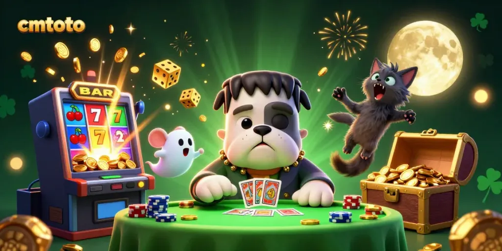 Menang judi dengan cmtoto di kasino online, dikelilingi oleh slot jackpot dan karakter lucu.