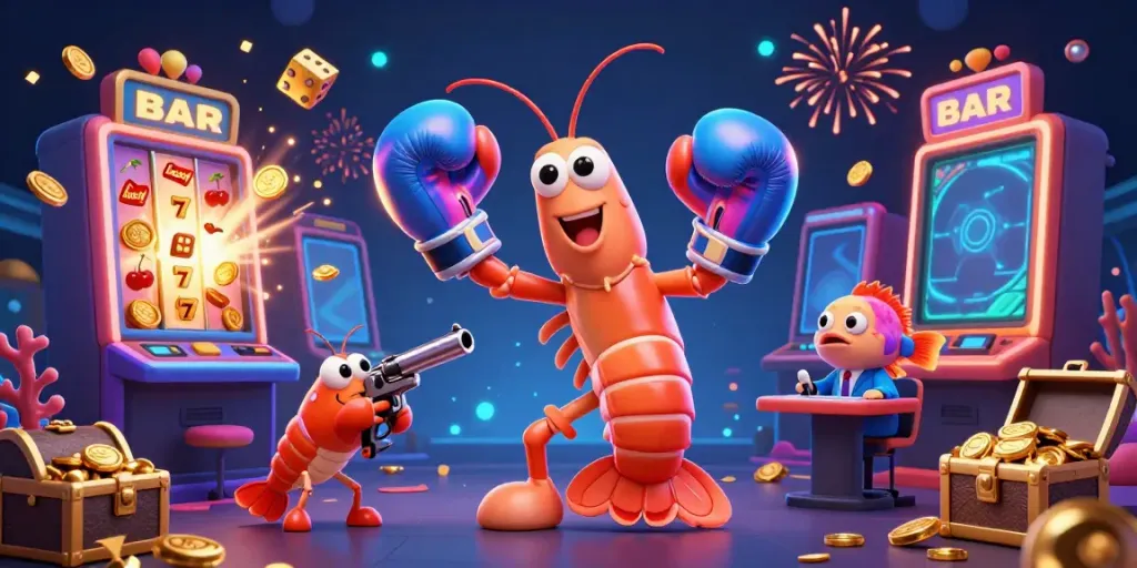 Engage with jogjatoto as the 3D shrimp duo creates vibrant energy in a lively casino scene.