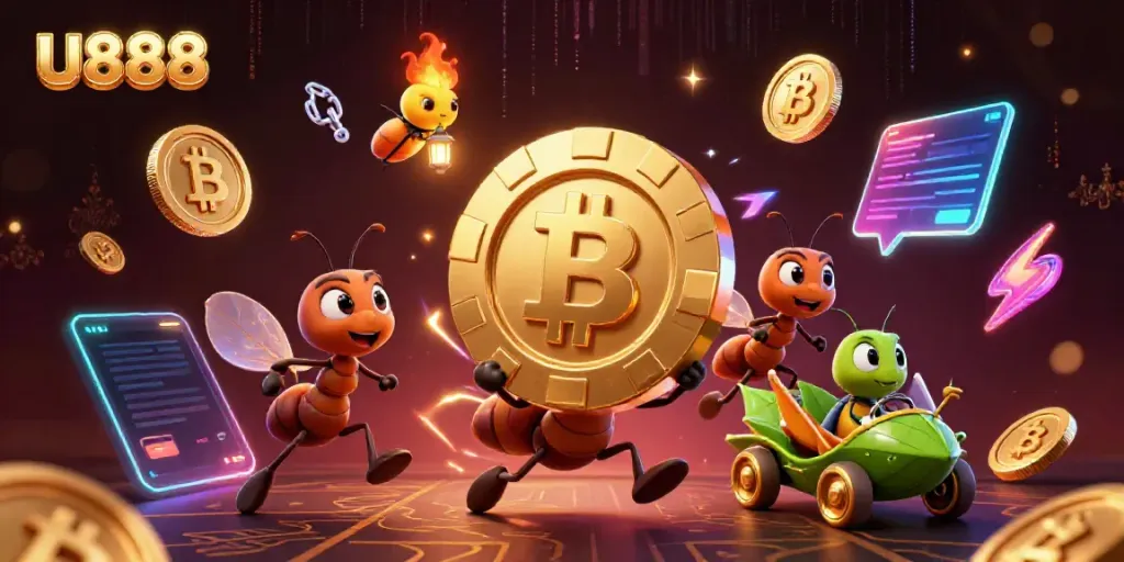 Join the adventurous U888 ants in a bold heist, carrying a poker chip amidst glowing crypto coins.