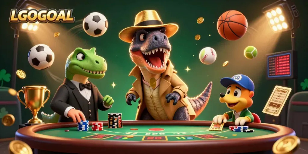 Experience gaming action with LGOGOAL in this exciting cartoon illustration filled with dynamic casino elements.