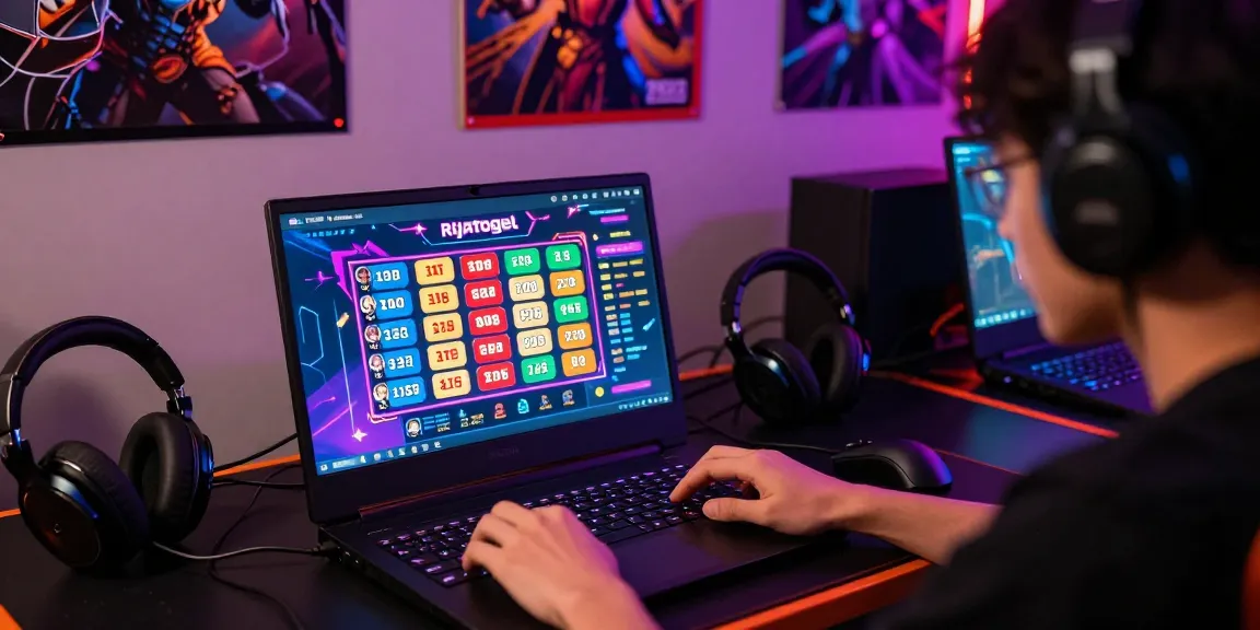 Permainan rajatogel online dengan pemain yang fokus di laptop, grafik warna-warni menampilkan angka lotere.