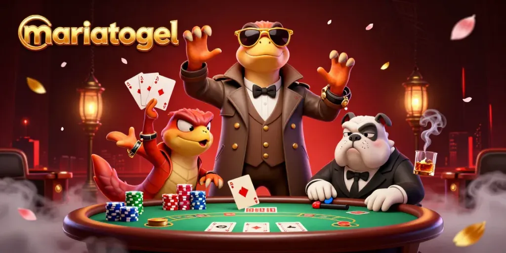 Raptors in a trench coat attempting to enter a VIP casino lounge, showcasing mariatogel's lively atmosphere.