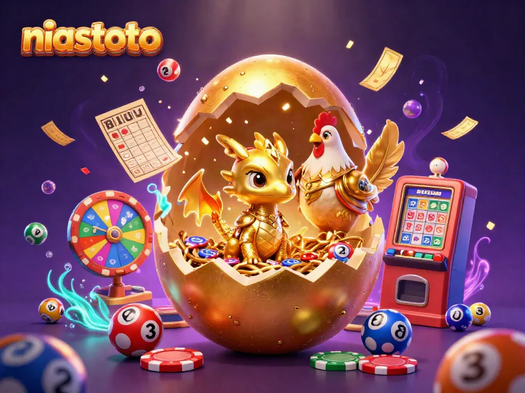 Menangkan hadiah menarik di niastoto dengan ilustrasi naga emas dan elemen lotere berwarna-warni.