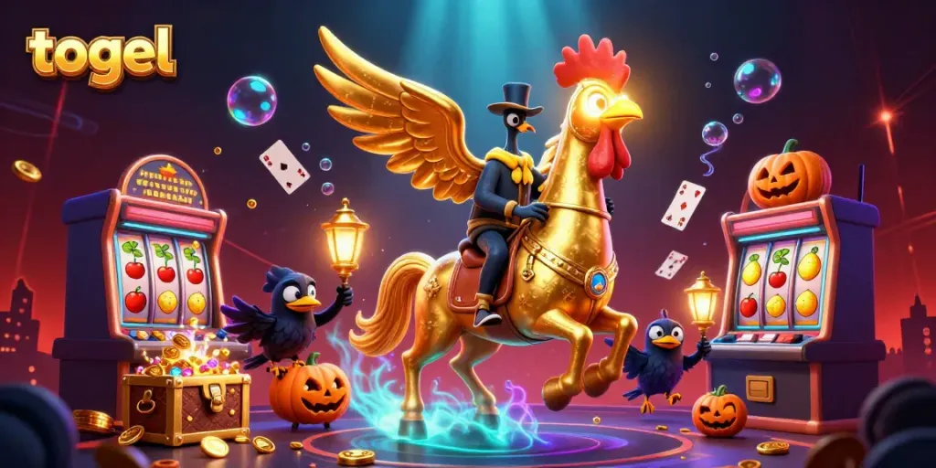 Togel permainan dengan ayam jantan emas membawa kepala bersinar di kasino malam yang meriah.