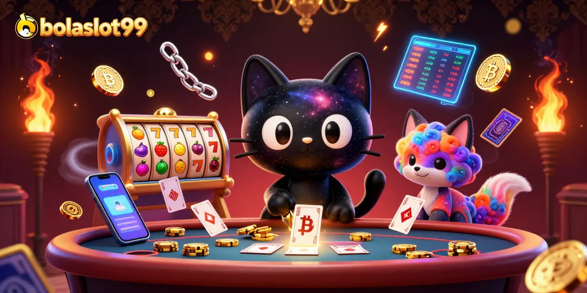 Win big with bolaslot99 in this cosmic casino illustration featuring unique characters and game elements.
