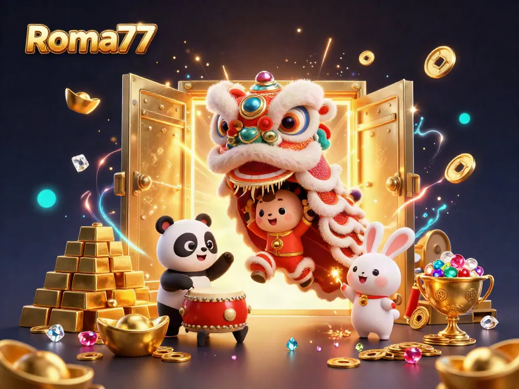 Experience the excitement of winning with Roma77 in this vibrant slot-themed illustration featuring a lively lion dance.